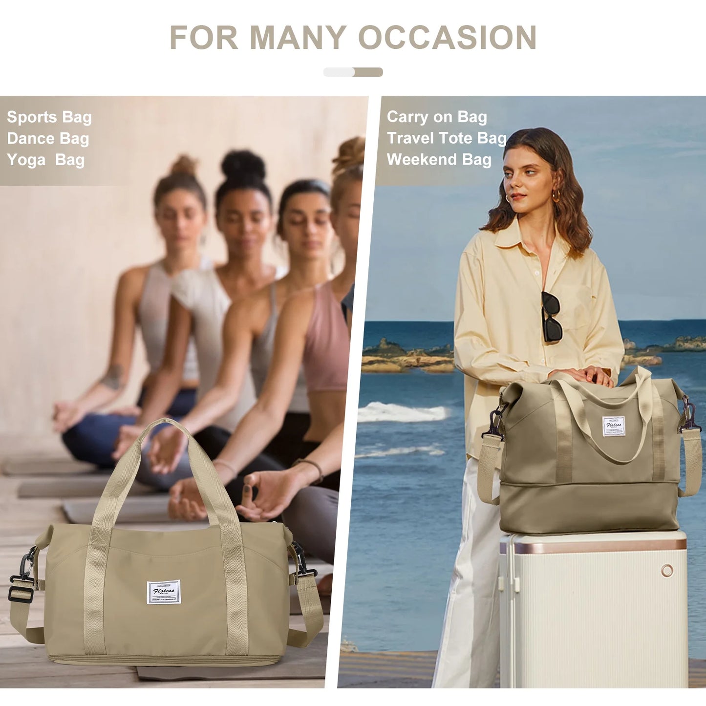 Travel Bag, Waterproof Duffel Gym Tote Bag, Weekender Carry on Overnight Bags for Women Men Approved Personal Item Bag for Airlines with Trolley Sleeve, Travel Duffel Bags, Khaki