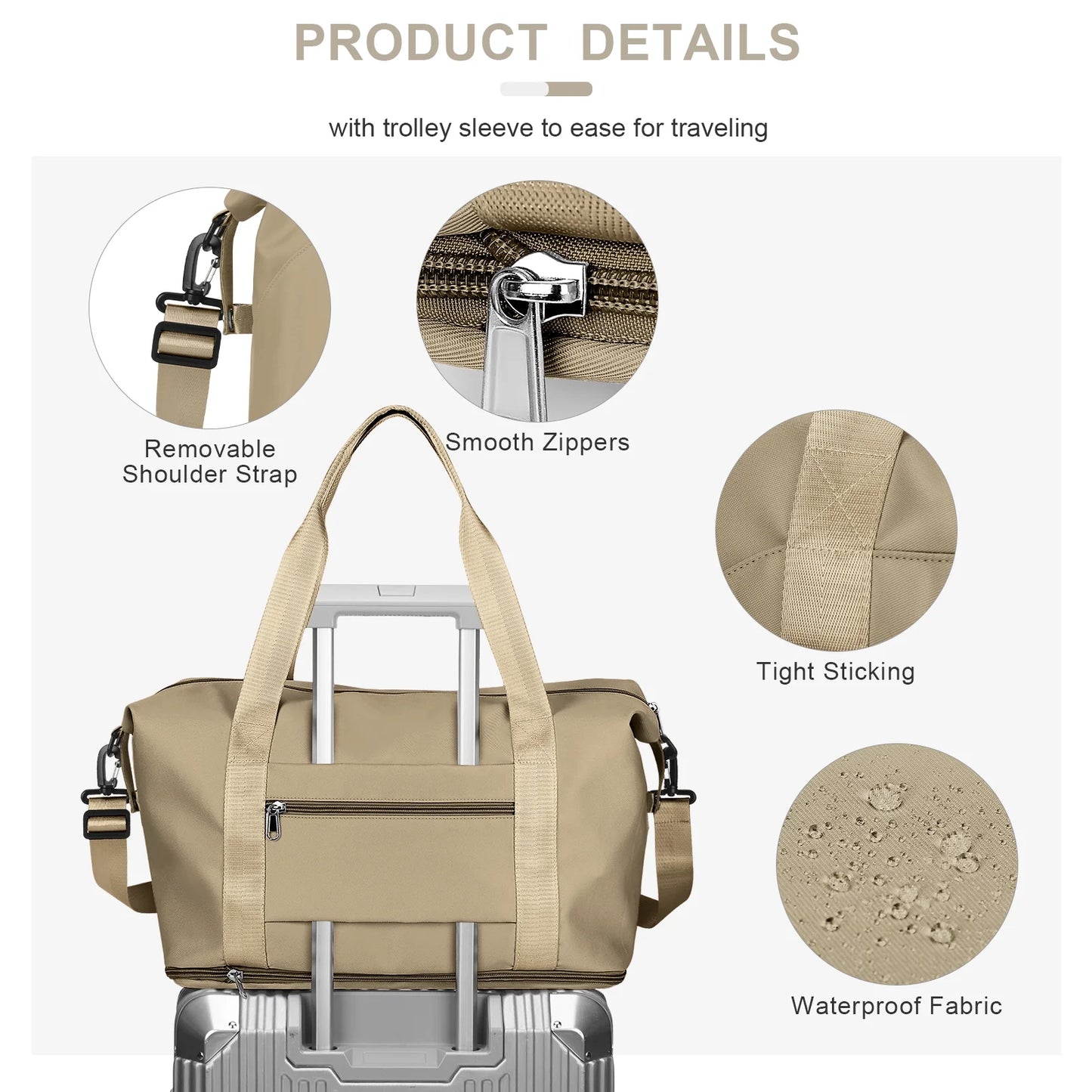 Travel Bag, Waterproof Duffel Gym Tote Bag, Weekender Carry on Overnight Bags for Women Men Approved Personal Item Bag for Airlines with Trolley Sleeve, Travel Duffel Bags, Khaki