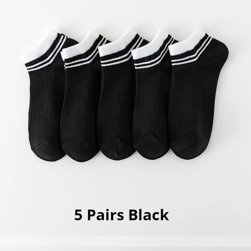 5 Pairs Sports Breathable Low Cut Boat Socks Spring Summer Cotton Striped Sports Korean Preppy Style Men Socks
