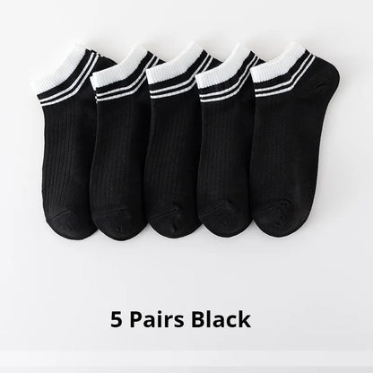 5 Pairs Sports Breathable Low Cut Boat Socks Spring Summer Cotton Striped Sports Korean Preppy Style Men Socks