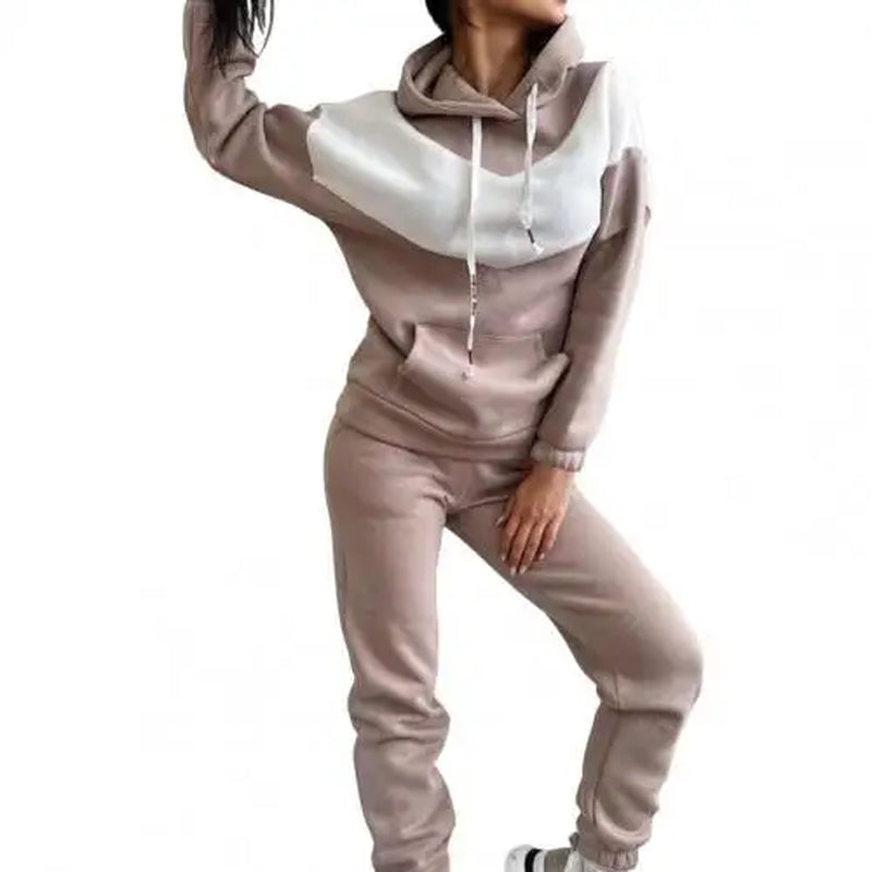 1 Set Women Hoodie Pants Set Sports Suit 2023 Hooded Drawstring Women Contrast Color Sweatshirt Pockets Pants for Sports