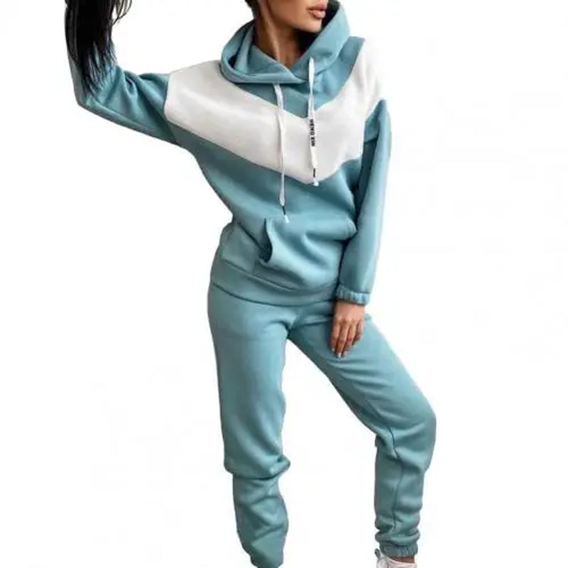1 Set Women Hoodie Pants Set Sports Suit 2023 Hooded Drawstring Women Contrast Color Sweatshirt Pockets Pants for Sports