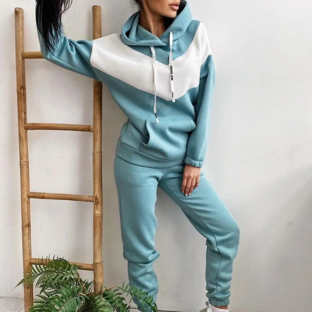 1 Set Women Hoodie Pants Set Sports Suit 2023 Hooded Drawstring Women Contrast Color Sweatshirt Pockets Pants for Sports