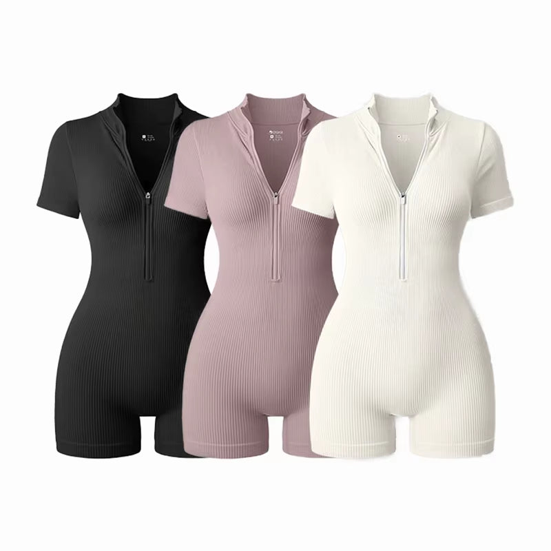 2025 Yoga Jumpsuit Summer Short Sleeve Zipper Sports Wear Gym Fitness Sports Bodysuits Women Fashion Running Yoga Fitness Suit