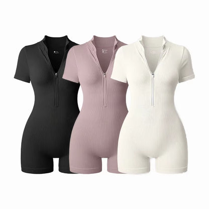 2025 Yoga Jumpsuit Summer Short Sleeve Zipper Sports Wear Gym Fitness Sports Bodysuits Women Fashion Running Yoga Fitness Suit