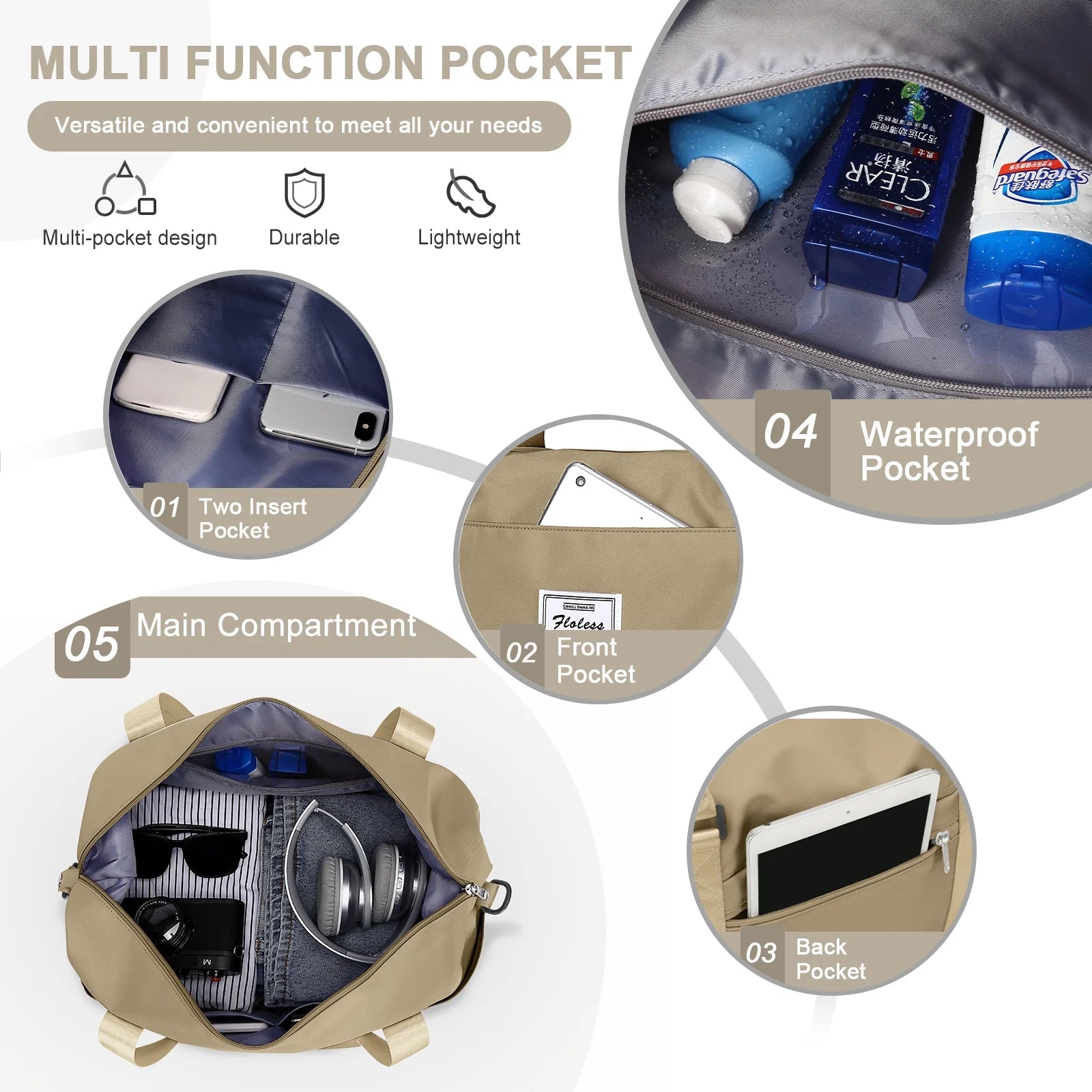 Travel Bag, Waterproof Duffel Gym Tote Bag, Weekender Carry on Overnight Bags for Women Men Approved Personal Item Bag for Airlines with Trolley Sleeve, Travel Duffel Bags, Khaki