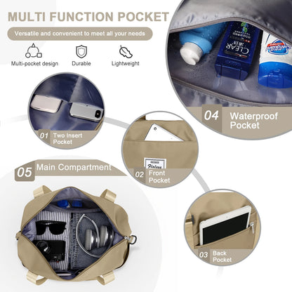 Travel Bag, Waterproof Duffel Gym Tote Bag, Weekender Carry on Overnight Bags for Women Men Approved Personal Item Bag for Airlines with Trolley Sleeve, Travel Duffel Bags, Khaki