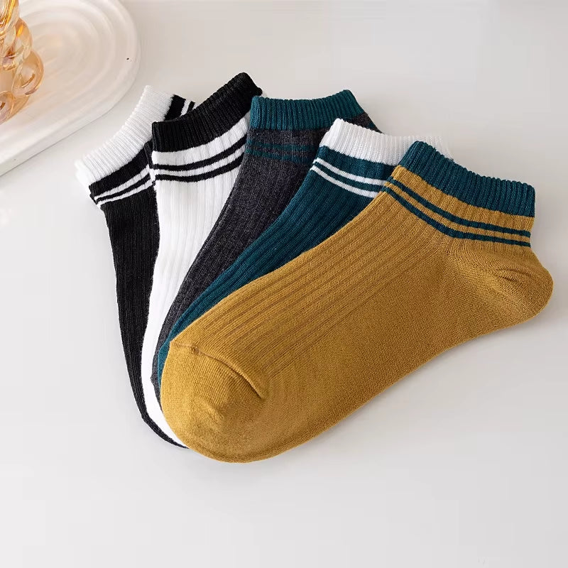 5 Pairs Sports Breathable Low Cut Boat Socks Spring Summer Cotton Striped Sports Korean Preppy Style Men Socks