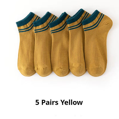 5 Pairs Sports Breathable Low Cut Boat Socks Spring Summer Cotton Striped Sports Korean Preppy Style Men Socks