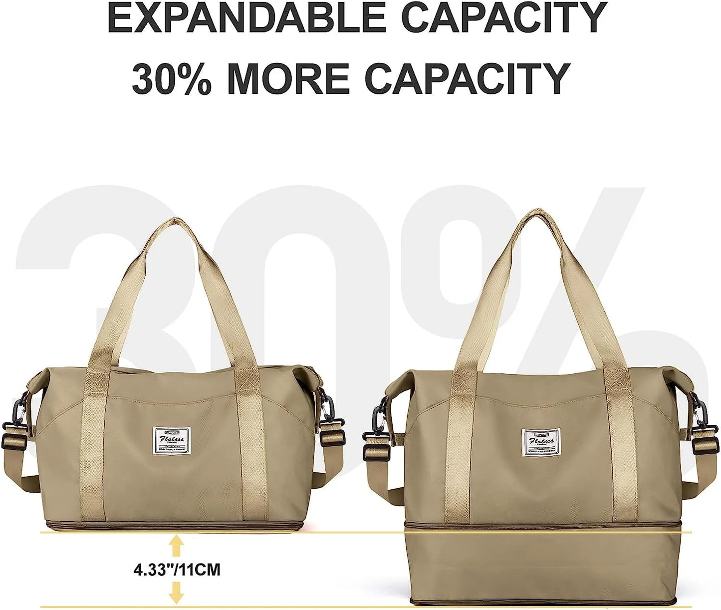 Travel Bag, Waterproof Duffel Gym Tote Bag, Weekender Carry on Overnight Bags for Women Men Approved Personal Item Bag for Airlines with Trolley Sleeve, Travel Duffel Bags, Khaki