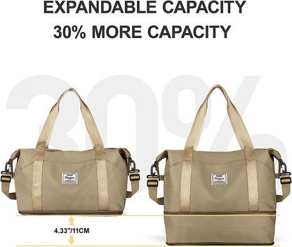 Travel Bag, Waterproof Duffel Gym Tote Bag, Weekender Carry on Overnight Bags for Women Men Approved Personal Item Bag for Airlines with Trolley Sleeve, Travel Duffel Bags, Khaki