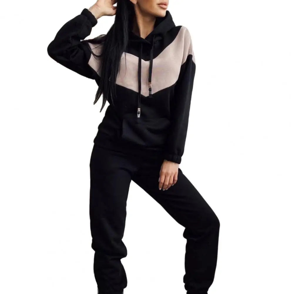 1 Set Women Hoodie Pants Set Sports Suit 2023 Hooded Drawstring Women Contrast Color Sweatshirt Pockets Pants for Sports