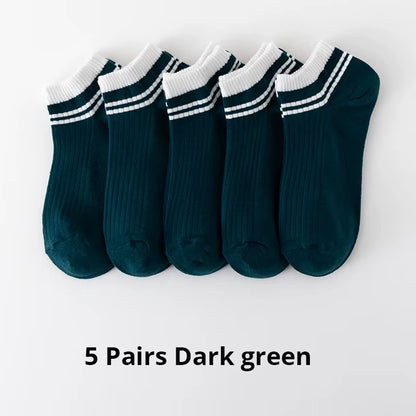 5 Pairs Sports Breathable Low Cut Boat Socks Spring Summer Cotton Striped Sports Korean Preppy Style Men Socks