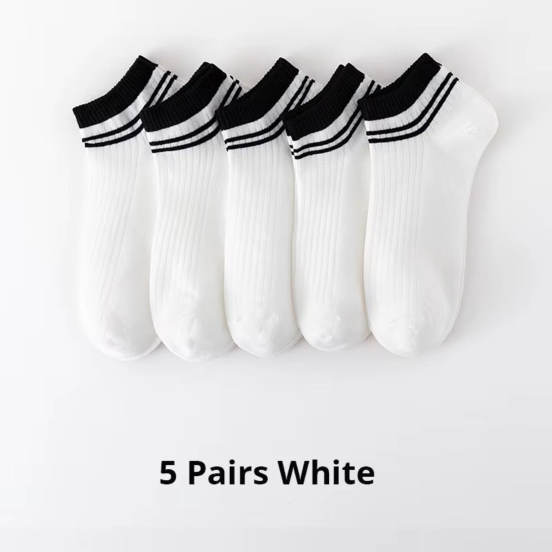 5 Pairs Sports Breathable Low Cut Boat Socks Spring Summer Cotton Striped Sports Korean Preppy Style Men Socks