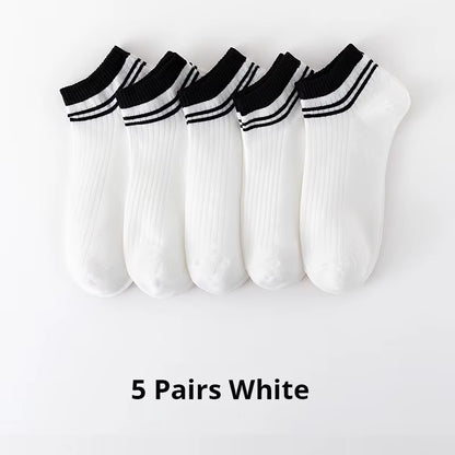 5 Pairs Sports Breathable Low Cut Boat Socks Spring Summer Cotton Striped Sports Korean Preppy Style Men Socks