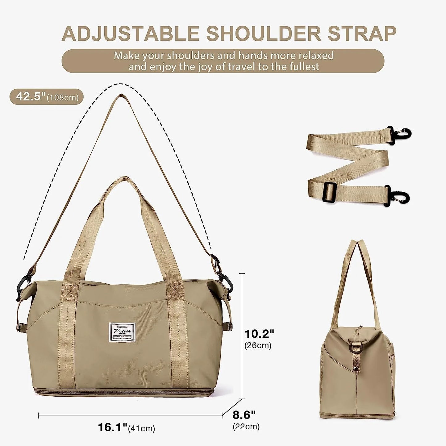 Travel Bag, Waterproof Duffel Gym Tote Bag, Weekender Carry on Overnight Bags for Women Men Approved Personal Item Bag for Airlines with Trolley Sleeve, Travel Duffel Bags, Khaki