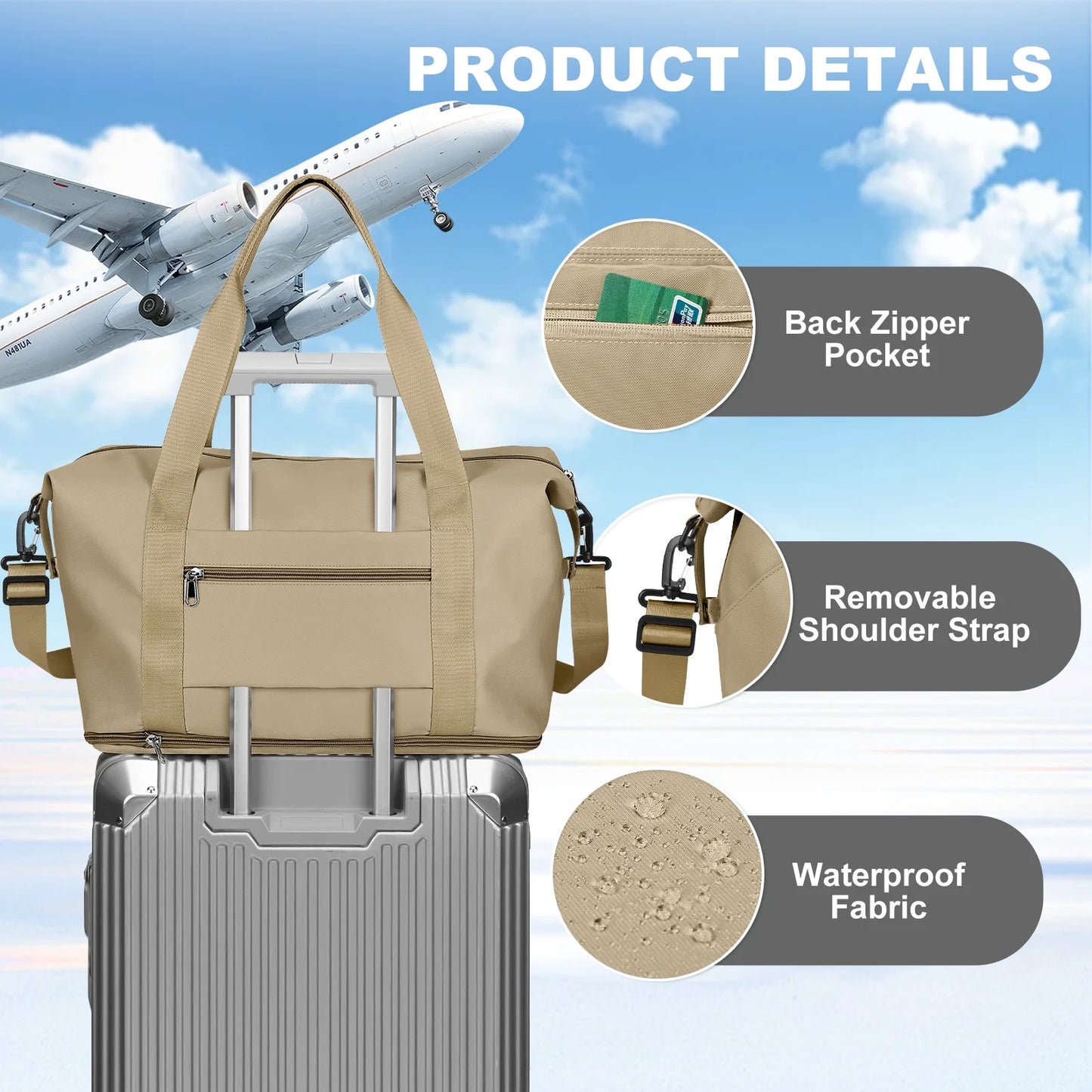 Travel Bag, Waterproof Duffel Gym Tote Bag, Weekender Carry on Overnight Bags for Women Men Approved Personal Item Bag for Airlines with Trolley Sleeve, Travel Duffel Bags, Khaki