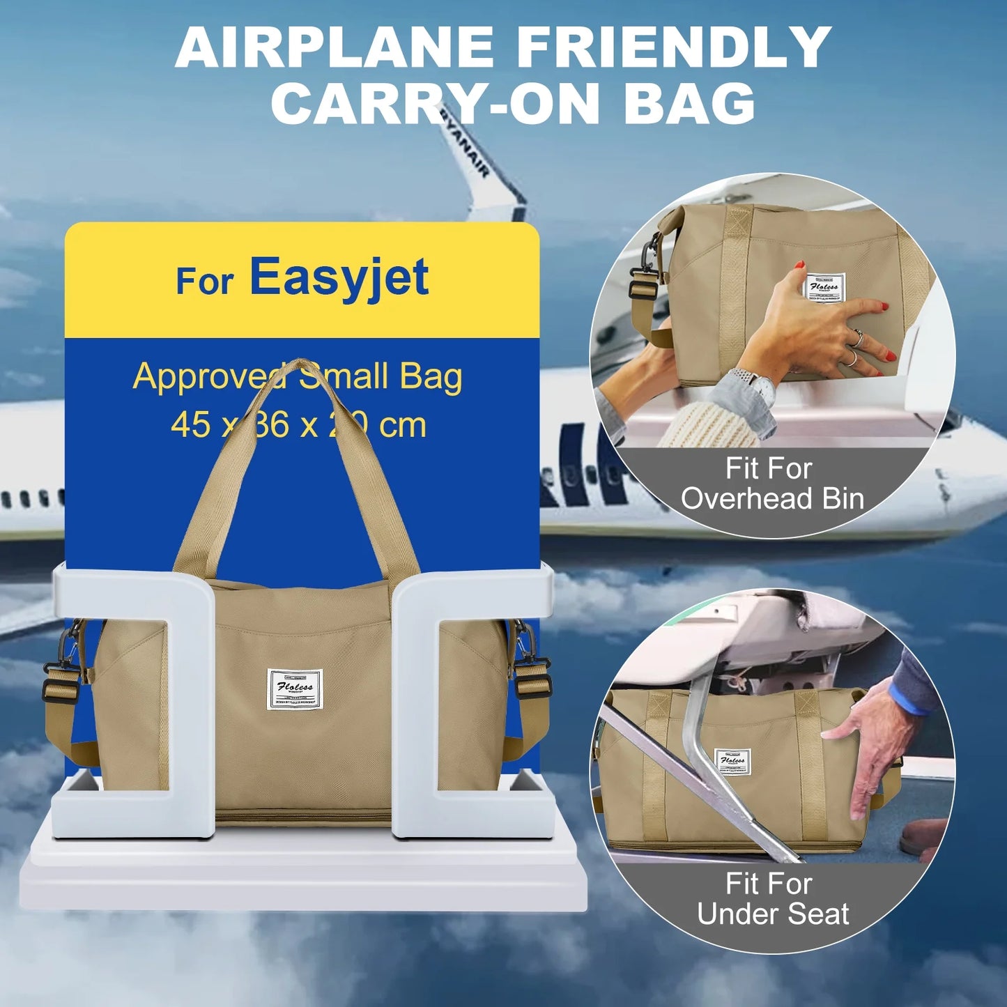 Travel Bag, Waterproof Duffel Gym Tote Bag, Weekender Carry on Overnight Bags for Women Men Approved Personal Item Bag for Airlines with Trolley Sleeve, Travel Duffel Bags, Khaki