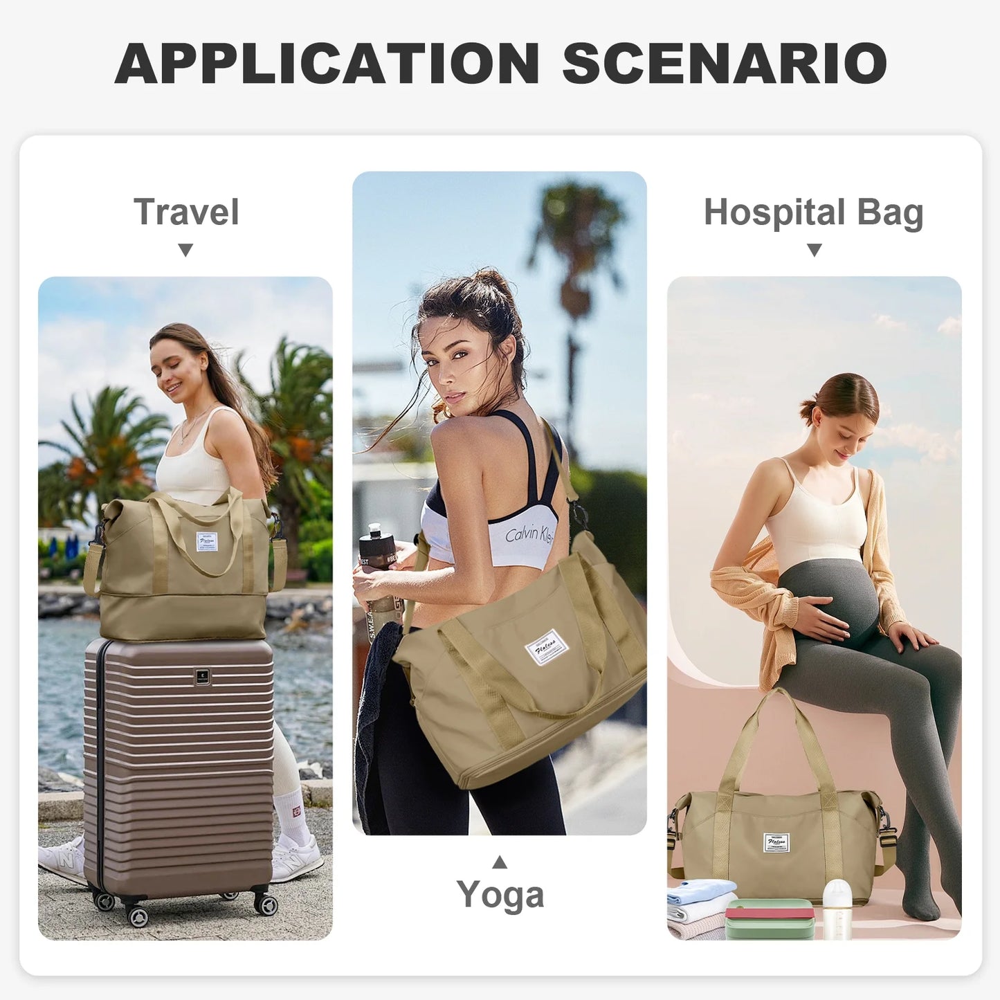 Travel Bag, Waterproof Duffel Gym Tote Bag, Weekender Carry on Overnight Bags for Women Men Approved Personal Item Bag for Airlines with Trolley Sleeve, Travel Duffel Bags, Khaki