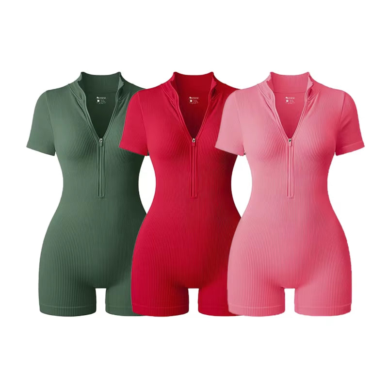 2025 Yoga Jumpsuit Summer Short Sleeve Zipper Sports Wear Gym Fitness Sports Bodysuits Women Fashion Running Yoga Fitness Suit