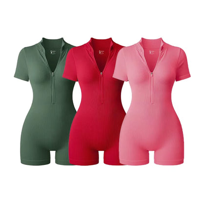 2025 Yoga Jumpsuit Summer Short Sleeve Zipper Sports Wear Gym Fitness Sports Bodysuits Women Fashion Running Yoga Fitness Suit