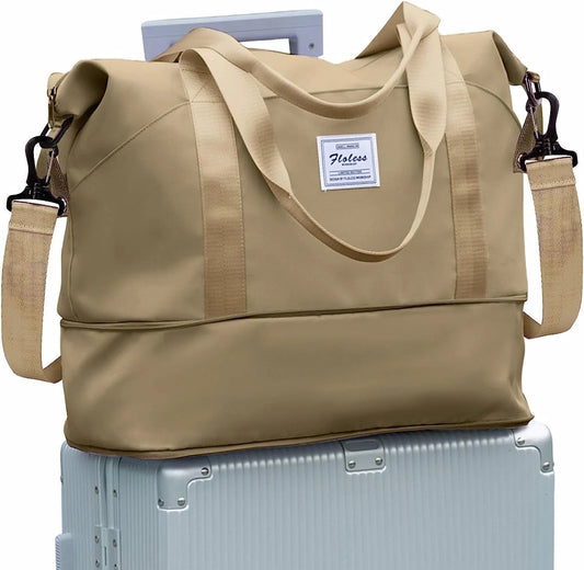 Travel Bag, Waterproof Duffel Gym Tote Bag, Weekender Carry on Overnight Bags for Women Men Approved Personal Item Bag for Airlines with Trolley Sleeve, Travel Duffel Bags, Khaki