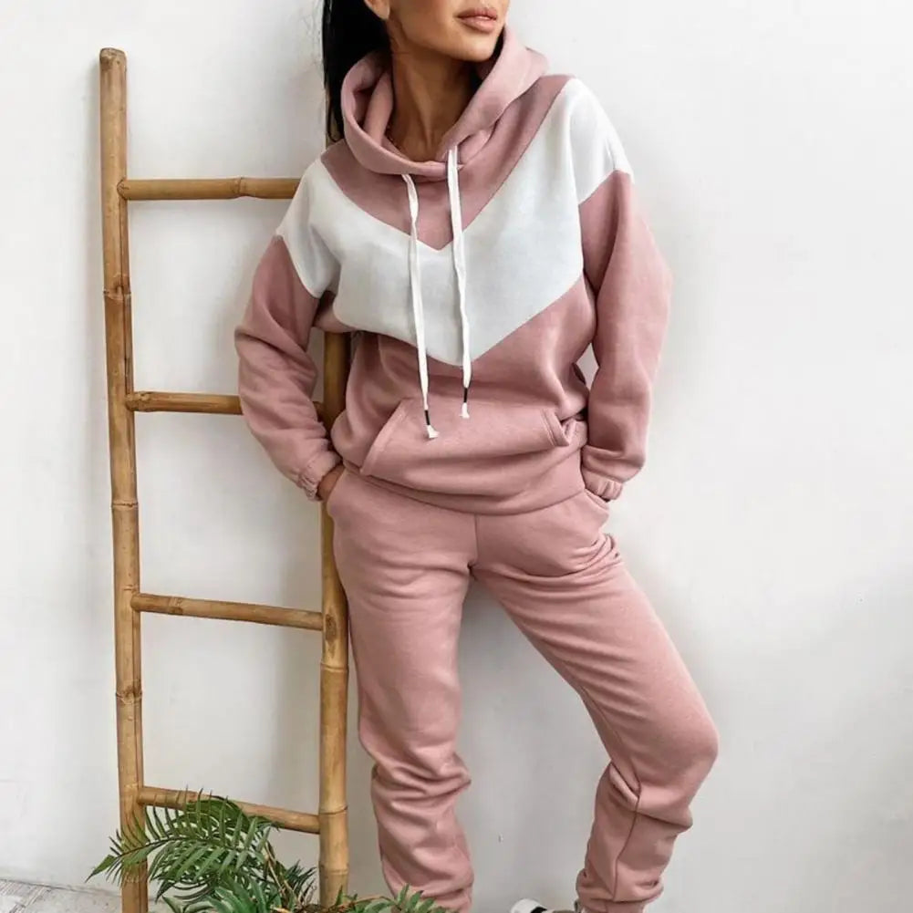 1 Set Women Hoodie Pants Set Sports Suit 2023 Hooded Drawstring Women Contrast Color Sweatshirt Pockets Pants for Sports